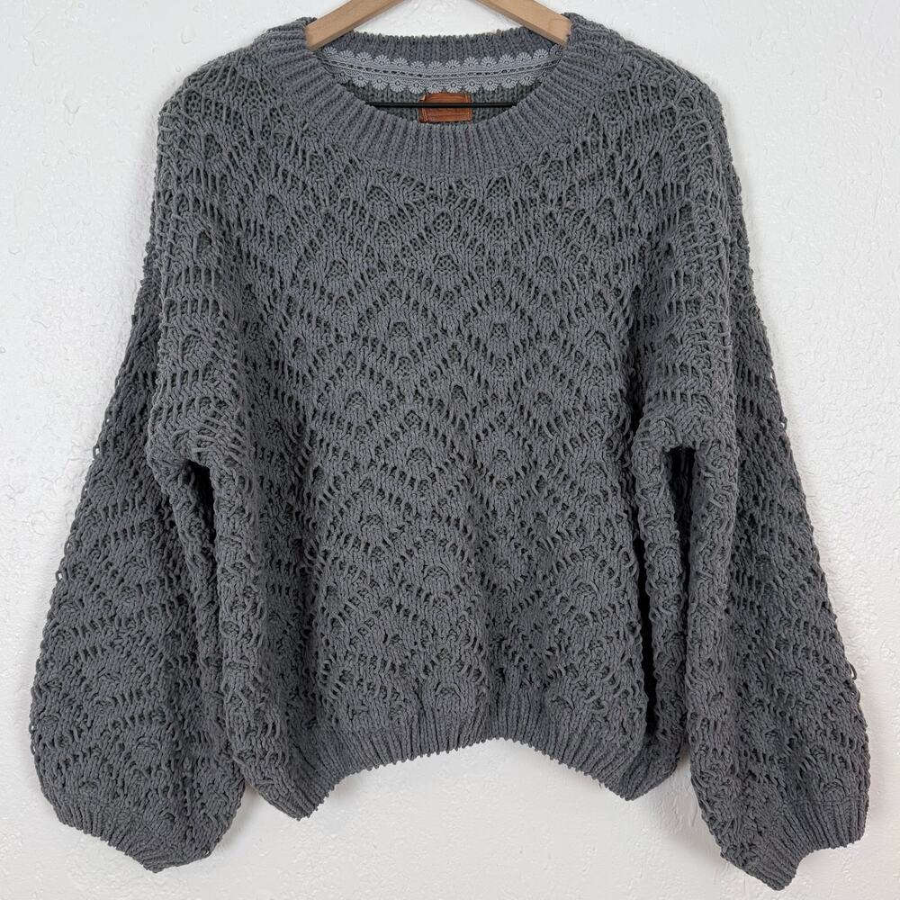 POL Textured Open Knit Balloon Sleeve Pullover Sweater Oversized Chunky Medium